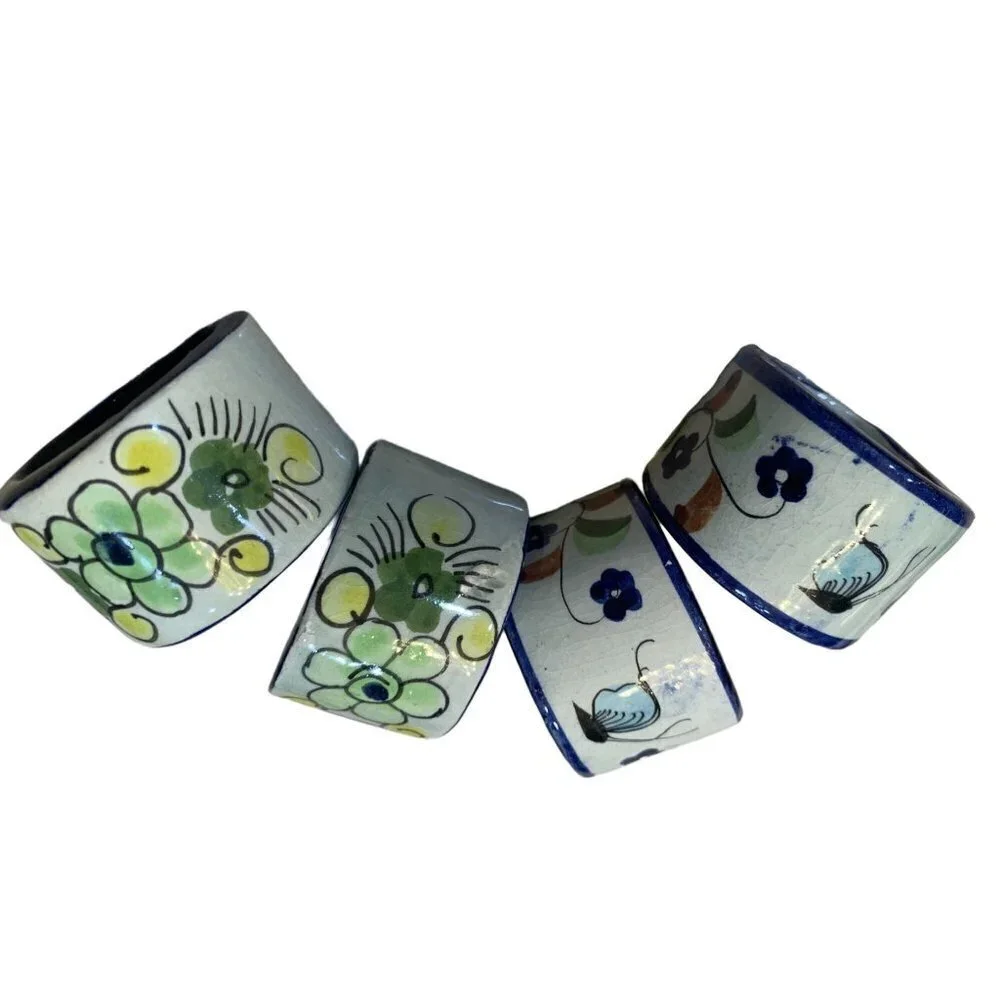 Set of 4 Made in Mexico Tonala Green Floral Hand Painted Napkin Rings